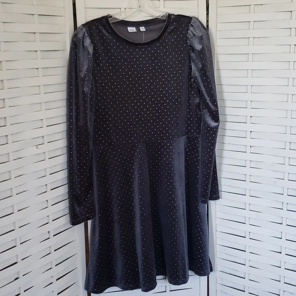 GAP new dark gray with gold tiny dots velvet girls dress 14/16